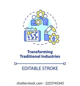 Transform traditional industries concept icon. Technological revolution. Innovation abstract idea thin line illustration. Isolated outline drawing. Editable stroke. Arial, Myriad Pro-Bold fonts used