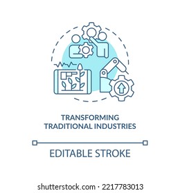 Transform traditional industries turquoise concept icon. Technological revolution abstract idea thin line illustration. Isolated outline drawing. Editable stroke. Arial, Myriad Pro-Bold fonts used