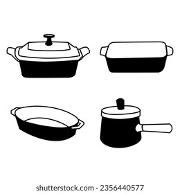 Transform your culinary visuals with this versatile baking dish set vector collection, featuring a pot, oval baking dish, rectangular baking dish, and a covered square baker.