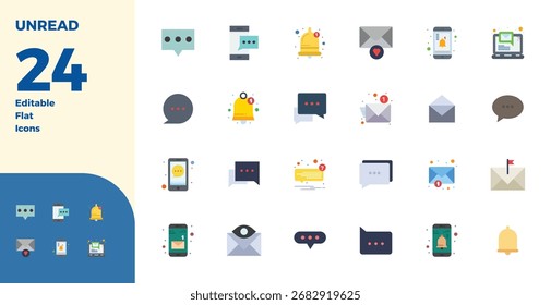 Transforme seus designs com 24 ícones de vetor planos com temas não lidos, projetados com uma resolução perfeita de 128x128 PIXEL para máxima clareza.