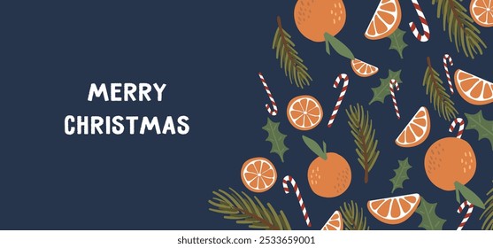 Transforme suas celebrações de Natal com um modelo de banner de Natal editável, mostrando laranjas vibrantes, bastões de doces festivos