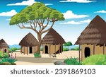 Transform your space with our editable vector wallpaper, bringing the charm of an African village to life. Customize the huts, trees, and grass to suit your style for a truly unique setting.