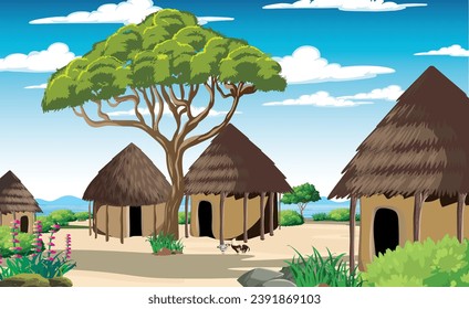 Transform your space with our editable vector wallpaper, bringing the charm of an African village to life. Customize the huts, trees, and grass to suit your style for a truly unique setting.