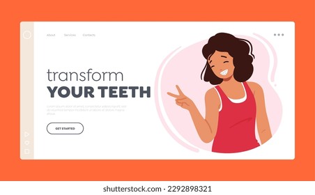 Transform your Teeth Landing Page Template. Happy Female Character Wearing Braces Flashes A Radiant Smile. Young Woman Showcasing Her Newfound Dental Beauty. Cartoon People Vector Illustration