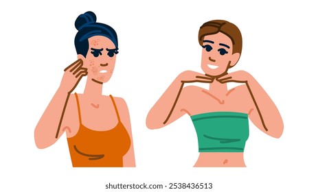 transformation acne before after  vector.  clear breakout, healing results, improvement journey transformation acne before after character. people flat cartoon illustration