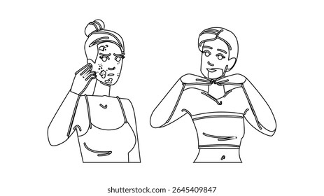 transformation acne before after vector. clear breakout, healing results, improvement journey transformation acne before after character. people black line pencil drawing illustration