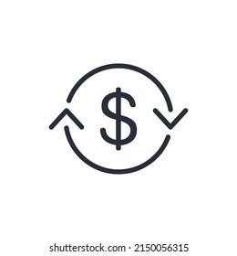 Transformation arrows and dollar. financial shift. Vector linear icon isolated on white background.
