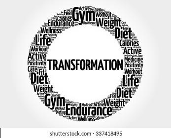 TRANSFORMATION circle stamp word cloud, fitness, sport, health concept
