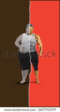 Transformation Comparison: Fat vs Fit Body Illustration, Visual Contrast Between Unhealthy and Healthy Physique, Fitness Motivation Art: Obesity vs Strength