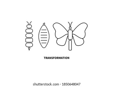 Transformation concept. Caterpillar, butterfly, and cocoon stages. Changes, personal growth icon. Symbol of metamorphoses