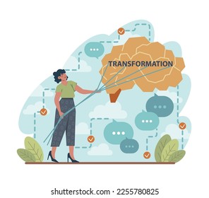 Transformation concept. Development, changing and evolution towards the goal or destination. Modification process with time. Flat vector illustration