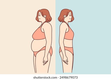 Transformation of fat woman, lost weight thanks to diet and standing in swimsuit, comparing results before and after. Girl lost weight by listening to advice of nutritionist and fitness trainer