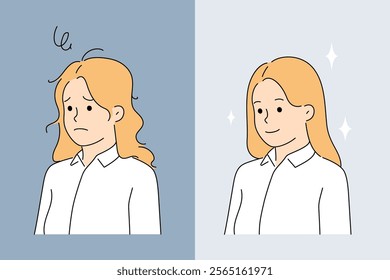 Transformation of girl after visiting hairdresser or using high-quality shampoo. Shaggy sad woman turns into confident lady, thanks to use of services of stylist for transformation into new image