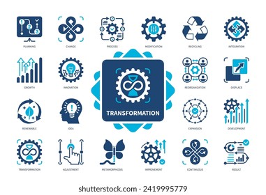 Symbolsatz für Transformation. Metamorphose, Modifikation, Prozess, Integration, Wandel, Innovation, Displace, Kontinuität. Duotone-Farbsymbole