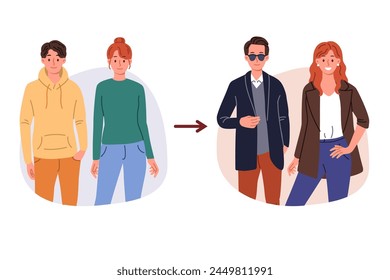 Transformation of image man and woman who changed clothes to change look and style. Transformation of image young couple who changed into business casual garment from new wardrobe.