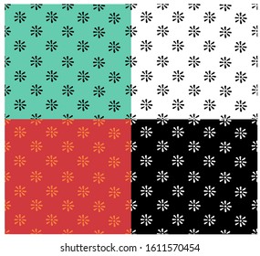 Transformation of ink stains. Simple floral ornament. Set of seamless pattern white-black, mint-black, orange-red colors. Template for textile, background, surface, paper, fabric. Hand drawing vector