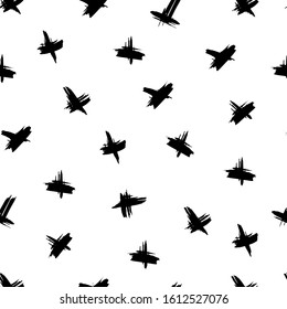 
Transformation of ink stains. White and black seamless pattern. Details X-shaped handwritten ink resembles airplanes. Template for textile, background, surface, paper or fabric. Hand drawing vector 