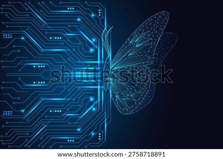 Transformation and innovation concept with glowing butterfly formed from digital circuits. Represents AI evolution, change and future technology. Futuristic blue neon wireframe on dark blue background