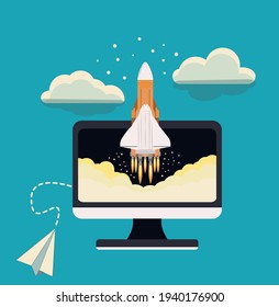 Die Umwandlung eines Papierflugzeugs durch einen Computer in eine Rakete. Zeigt neue Technologien und Leistungsgeschwindigkeiten an.