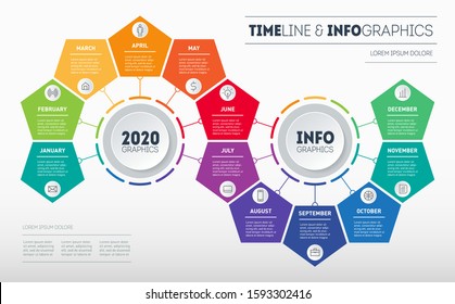 Transformation Plan For The Year. Timeline, Business Infographic Concept With 12 Months, Parts, Steps Or Technology Processes. Template For Presentation. Time Line With Twelve Icons.