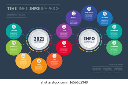 Transformation Plan For The Year. Timeline, Business Infographic Concept With 12 Months, Steps Or Processes. Calendar Template. Time Line With Twelve Icons. Vector.