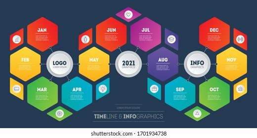 Transformation plan for the year. Timeline, Business Infographic concept with 12 months, parts, or technology processes. Template for presentation. Time line with Twelve steps. Vector.