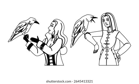transformation raven woman vector. mystery wisdom, darkness magic, enigma beauty transformation raven woman character. people black line pencil drawing illustration