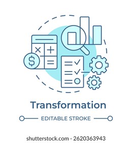Transformation soft blue concept icon. Statistical analysis. Calculation, accounting. Round shape line illustration. Abstract idea. Graphic design. Easy to use in advertising, marketing