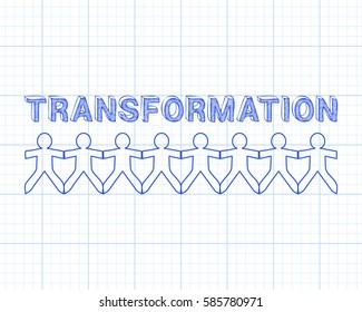 Transformation text hand drawn with paper people on graph paper background