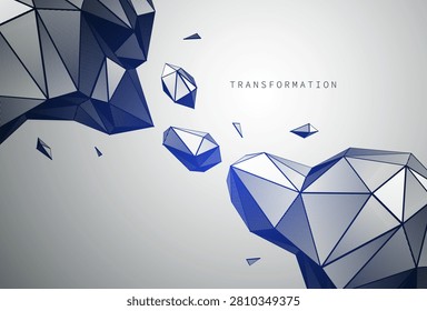 Transformation at the threshold. Fragmented geometric forms hover between stability and collapse, reflecting ambiguity, duality and the moment before change.