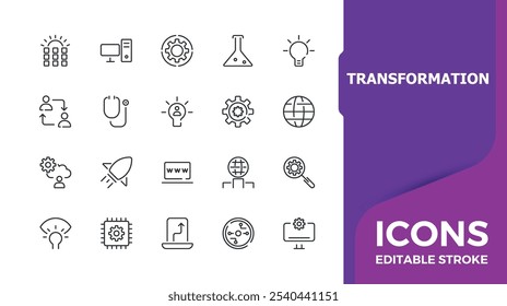 Transformation vector line icon set. Icons set with innovation, creativity, ai technology, light bulb, innovative, revolution and more. Minimal linear icons. Editable vector stroke.
