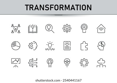 Transformation vector line icon set. Icons set with innovation, creativity, ai technology, light bulb, innovative, revolution and more. Minimal linear icons. Editable vector stroke.