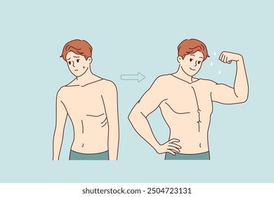 Transformación del hombre débil en uno fuerte a través del entrenamiento duro y la nutrición adecuada, o la buena voluntad. Progreso del culturista exitoso que gana la masa muscular y el entrenamiento en club de la aptitud