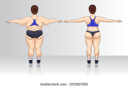 Transformation of a woman body from overweight to slim after sport or dieting