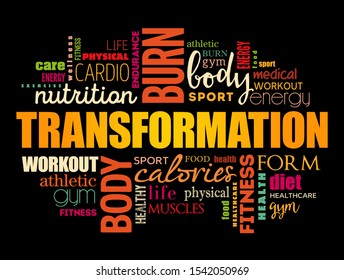 TRANSFORMATION word cloud, fitness, sport, health concept background