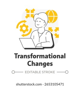 Transformational changes flat outline concept icon. Deep, radical shifts in company. Type of organizational shift. Modern line illustration with yellow glyphs. Conceptual visual. Easy to edit