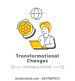 Transformational changes modern linear concept icon. Deep, radical shifts in company. Type of organizational shift. Flat outline elements connected with dotted lines. Creative visual. Easy to edit