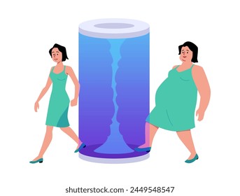 A transformative teleportation journey. Vector illustration showing a woman stepping through a futuristic portal and emerging with a significant change, suggesting personal growth or change.