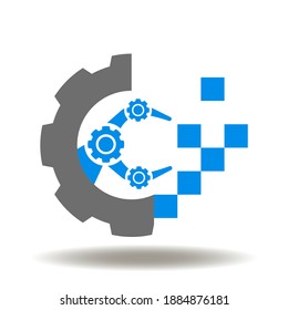 Transformed cog wheel in cubes with robotic arm vector icon. Digital Industrial Transformation Symbol.