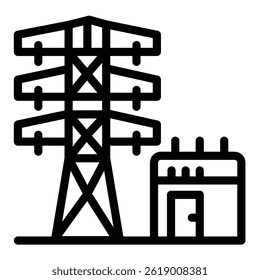Transformer box and high voltage pole line icon, electrical service concept. Vector graphics. Electrical safety sign on white background, style mobile or design