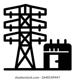 Transformer box and high voltage pole solid icon, electrical service concept. Vector graphics. Electrical safety sign on white background, style mobile or design