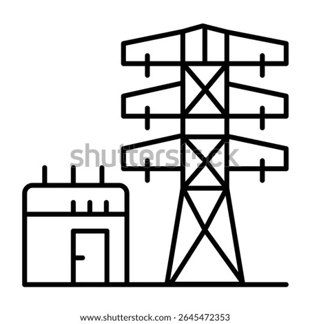 Transformer box and high voltage pole thin line icon, electrical service concept. Vector graphics. Electrical safety sign on white background, style mobile or design