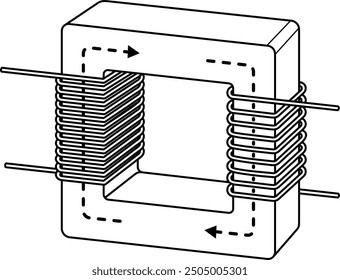 Núcleo del transformador. Bobinado primario y secundario. Ilustración de contorno de Vector.