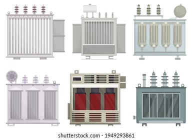 Transformer electric vector installation on white background . Isolated cartoon set icon energy substation. Vector cartoon set icon of electric transformer.