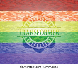 Transformer emblem on mosaic background with the colors of the LGBT flag