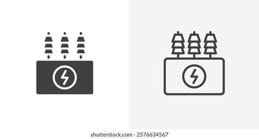 Transformer icon set in black flat solid and outlined style.