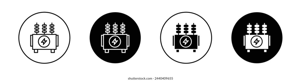 Conjunto de iconos de transformador. subestación de energía transformador eléctrico símbolo vectorial. distribución de electricidad transformador línea icono.