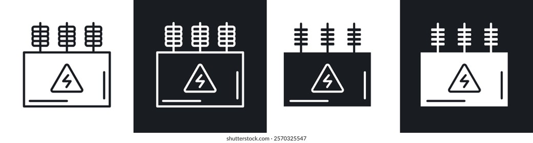 Transformer icons vectors set in black. line and flat versions