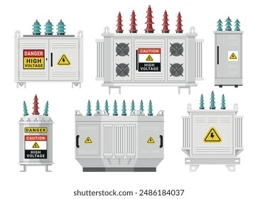 Transformer installation energy substation high voltage power control switchboard set realistic vector illustration. Electricity distribution circuit generator industrial technology current production