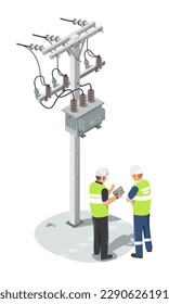 Transformer Maintenance of voltage Factory Electric Energy Distribution Chain work at height repair of power lines Engineer talking worker isometric isolated symbols concept vector